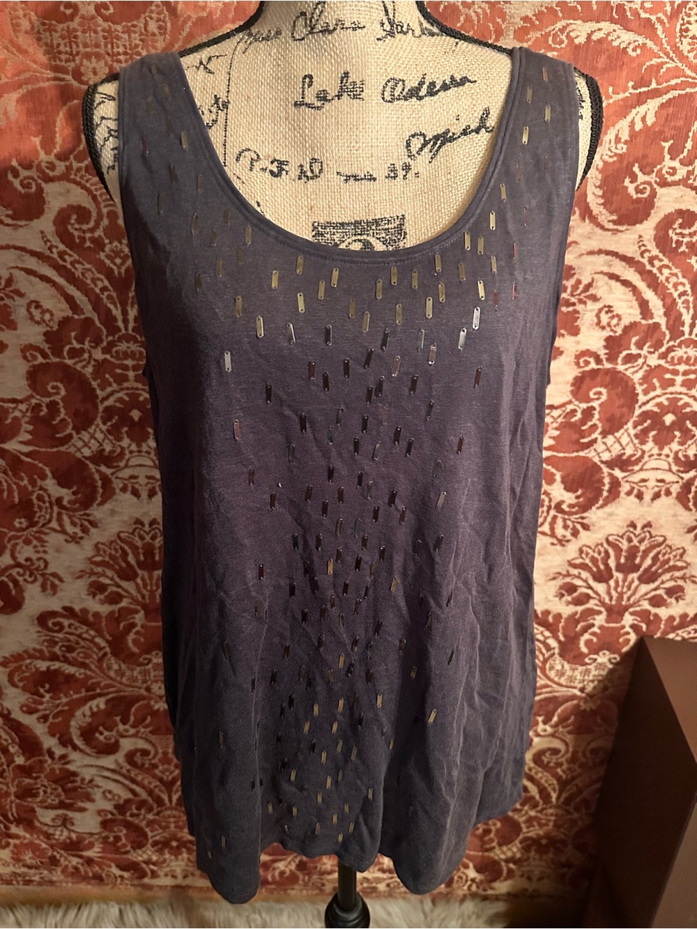 Eileen Fisher Charcoal Gray Embellished Scoop Neck Tank